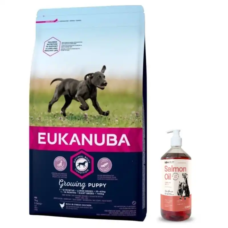 Árcsökkenés Eukanuba Puppy & Junior Large Breed 15 kg + Lab-V 100% lazacolaj kutyáknak és macskáknak minden korosztály számára 1000 ml hidegen sajtolt