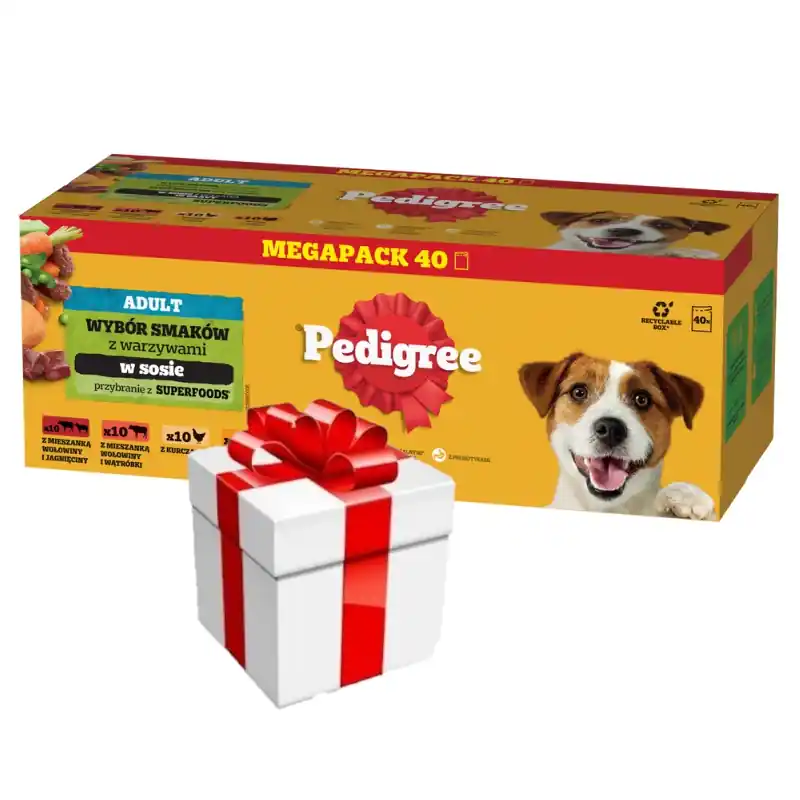 Exkluzív ajánlat Pedigree felnőtt nedves kutyaeledel vegyes tasak (csirke és zöldség, marhahús és zöldség, pulyka és sárgarépa, marhahús és bárány) 40x100g + meglepetés