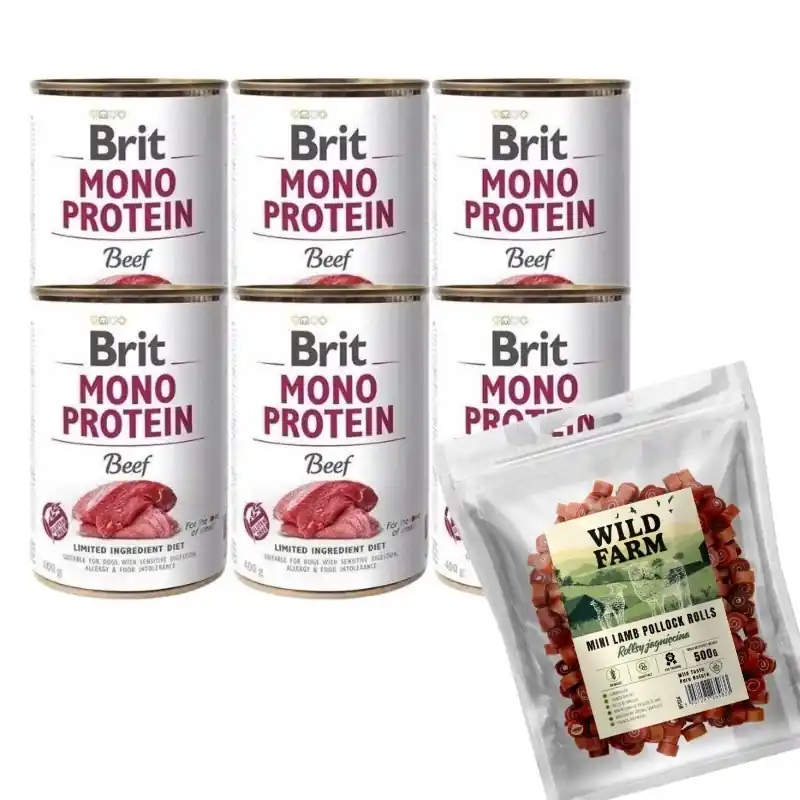 Azonnali szállítás BRIT MONO PROTEIN BEEF 6x400g+WILD FARM bárányhús tekercs 500g kutyakeksz