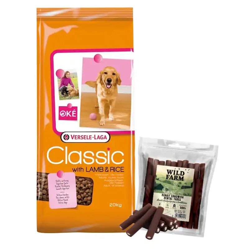 Korlátozott ajánlat Versele Laga Classic bárány és rizs 20kg + WILD FARM nyúl fogászati tubus 500g kutyaeledel