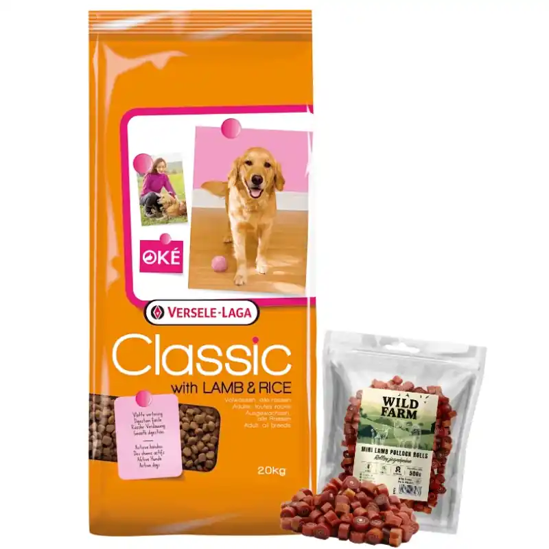 Olcsó Versele Laga Classic bárány és rizs 20kg + WILD FARM bárány tekercs 500g kutyaeledel