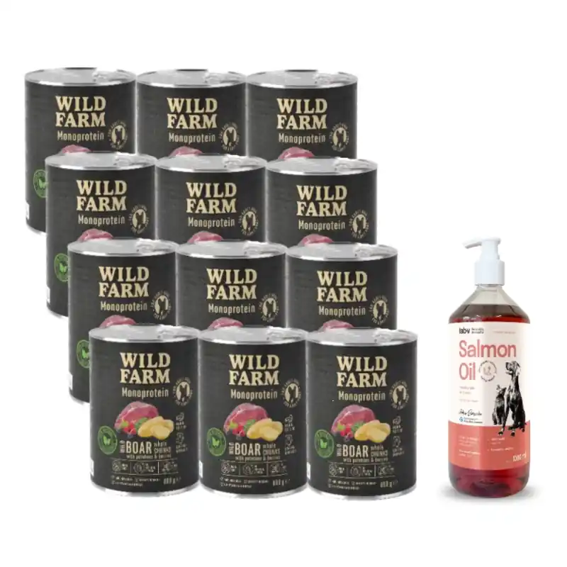 WILD FARM Monoprotein vaddisznó 12x800g hipoallergén kutyatáp + Lab-V 100% lazacolaj kutyáknak és macskáknak minden korosztály számára 1000ml hidegen sajtolva Gyors kiszállítás