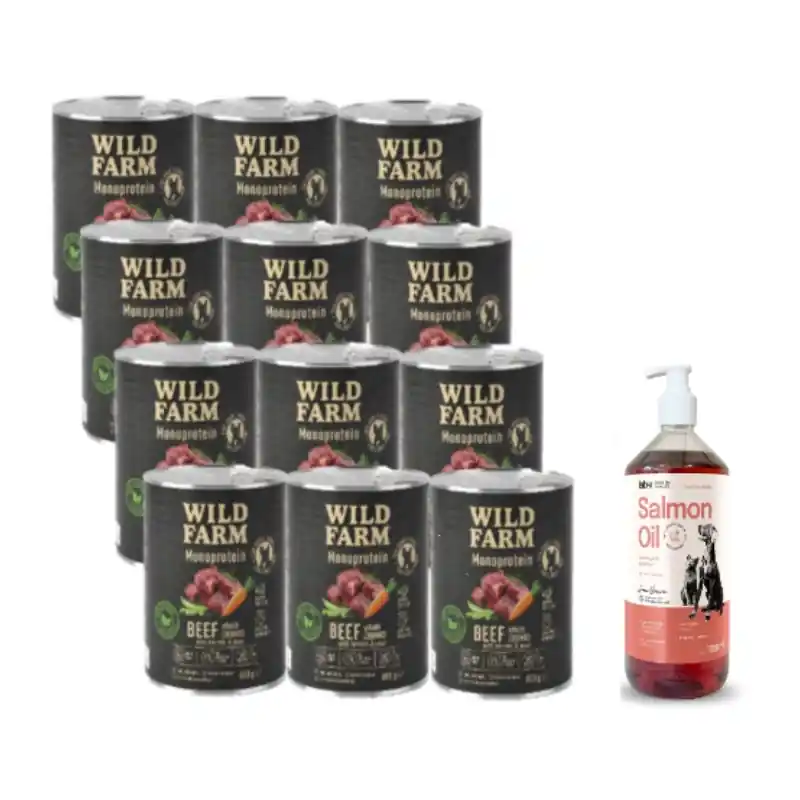 Biztonságos vásárlás WILD FARM Monoprotein Beef 12x800g hipoallergén kutyatáp + Lab-V 100% lazacolaj kutyáknak és macskáknak minden korosztály számára 1000ml hidegen sajtolva