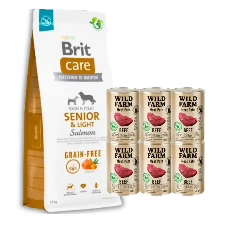 BRIT CARE Dog Gabonamentes Senior & Light Lazac 12kg + WILD FARM Marhahúsos Pástétom 6x400g gluténmentes kutyatáp Korlátozott ajánlat