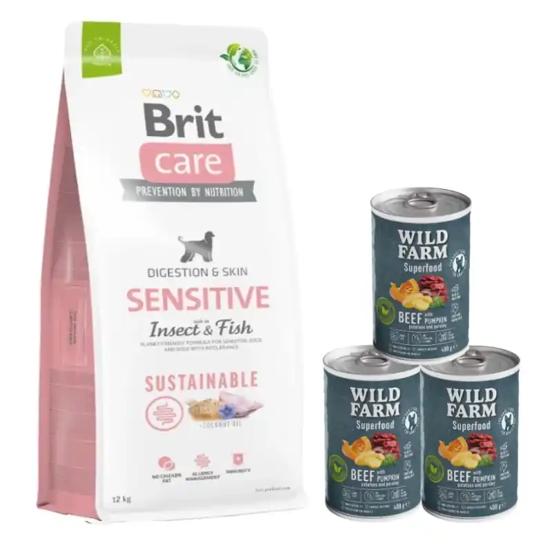 BRIT CARE Fenntartható érzékeny rovarok és halak 12 kg + Wild Farm Superfood marhahús 3x400 g gabonamentes kutyaeledel Árengedmény