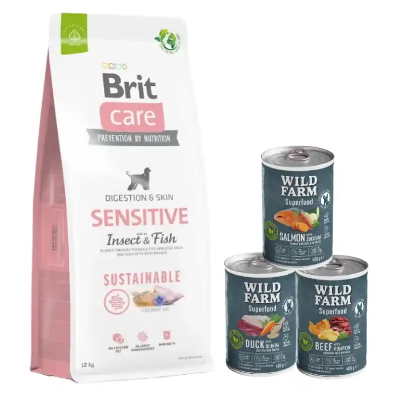 Ajánlat BRIT CARE Fenntartható érzékeny rovarok és halak 12 kg + Wild Farm szuperélelmiszer-keverék 3x400 g