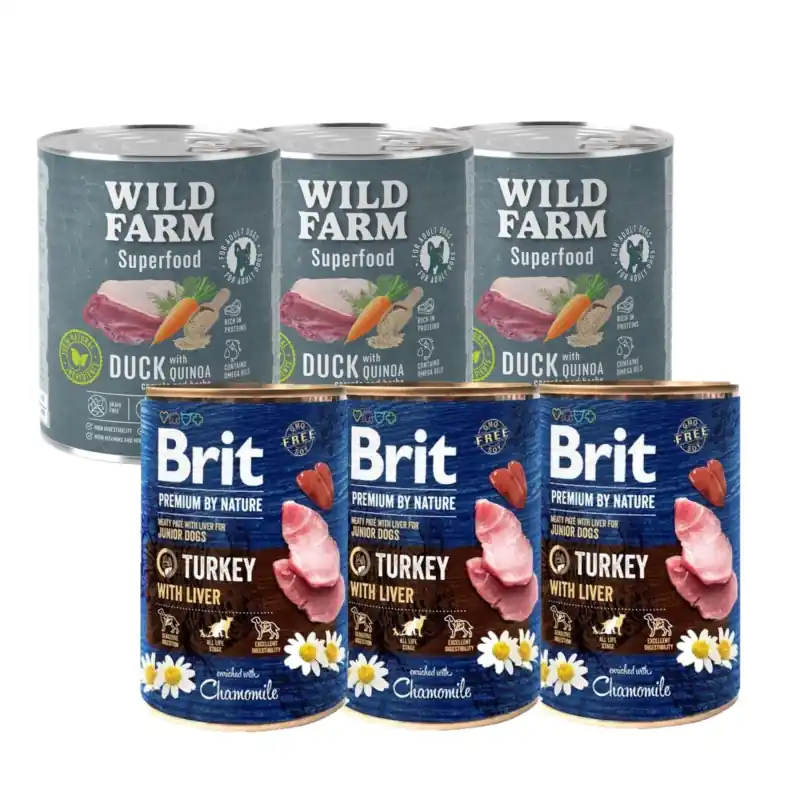 Szezonális akció Brit Premium by Nature pulykahús májjal 3x800g + WILD FARM Superfood kacsa 3x800g
