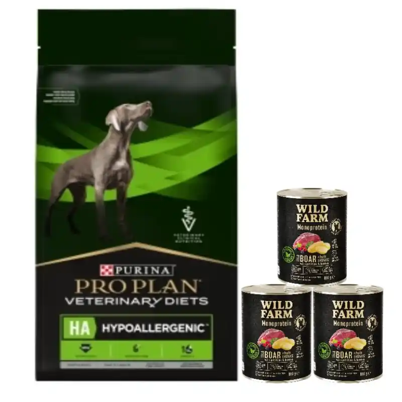 PRO PLAN Veterinary Diets HA Hypoallergén Száraz kutyatáp 11kg + WILD FARM Monoprotein Vaddisznó 3x800g hipoallergén kutyatápok Nézd meg most