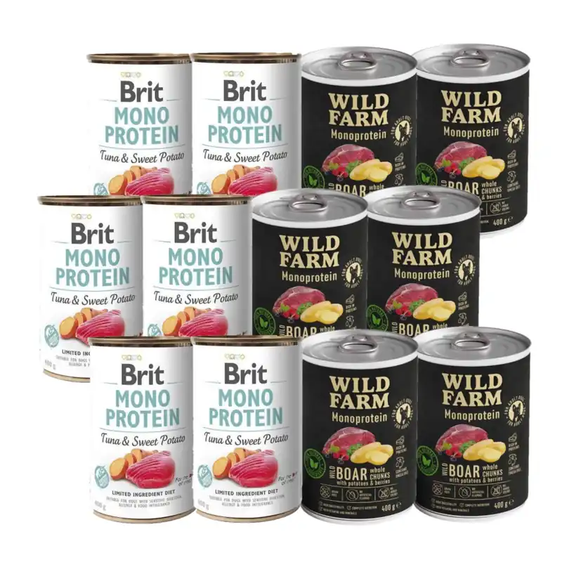BRIT MONO PROTEIN TUNA & SWEET POTATO 6x400g + Wild Farm Monoprotein Wild Boar 6x400g Expressz kézbesítés