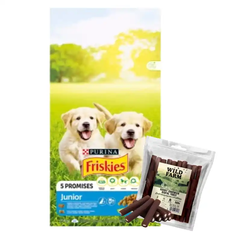 PURINA Friskies Junior csirke tejjel és zöldséggel 15kg + WILD FARM Rabbit Dental Tubes 500g kutyakajakkal Utolsó esély