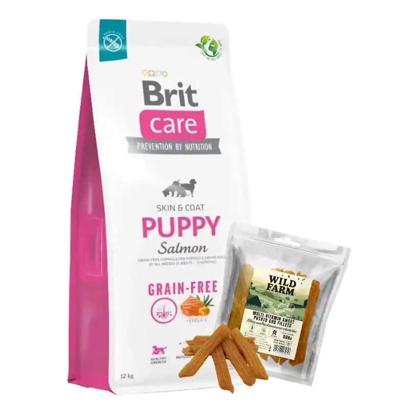 Ajánlat BRIT CARE Dog Gabona nélküli kölyök lazac 12kg + WILD FARM multivitamin yamgyökér filé 500g kutyaeledel