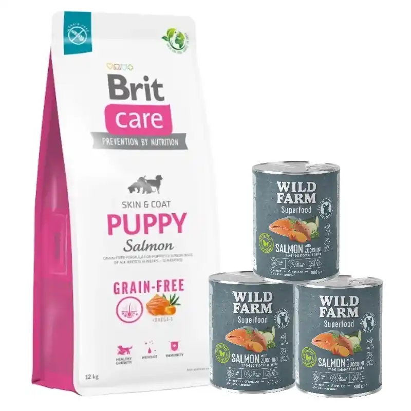 BRIT CARE Dog Grain-free Puppy Salmon 12kg + WILD FARM Superfood Salmon (lazac cukkinivel, édesburgonyával és gyógynövényekkel) 3x800g gabona nélküli kutyatáp. Legnépszerűbb