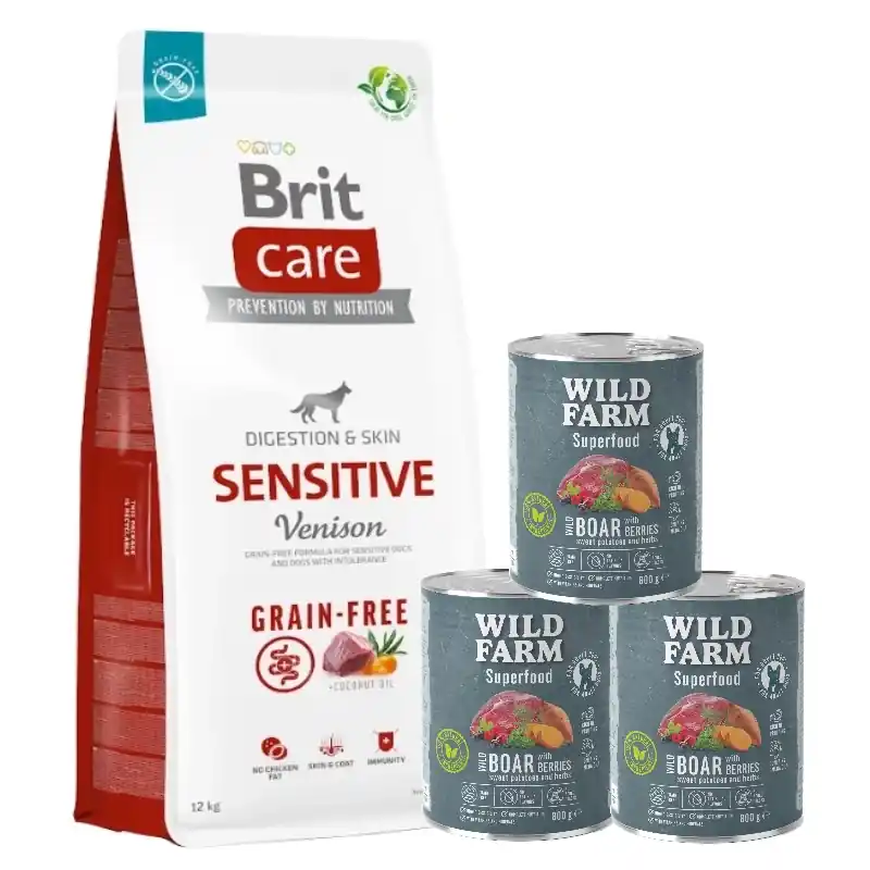 BRIT CARE Gabonamentes Sensitive Venison 12kg + WILD FARM Superfood Wild Boar (szarvashús jamgyökérrel, bogyós gyümölcsökkel és gyógynövényekkel) 3x800g gabonamentes kutyaeledel. Biztonságos fizetés