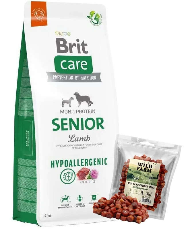 BRIT CARE Hipoallergén Senior Bárány 12kg + WILD FARM göngyölt bárány 500g kutyaeledel Ne maradj le