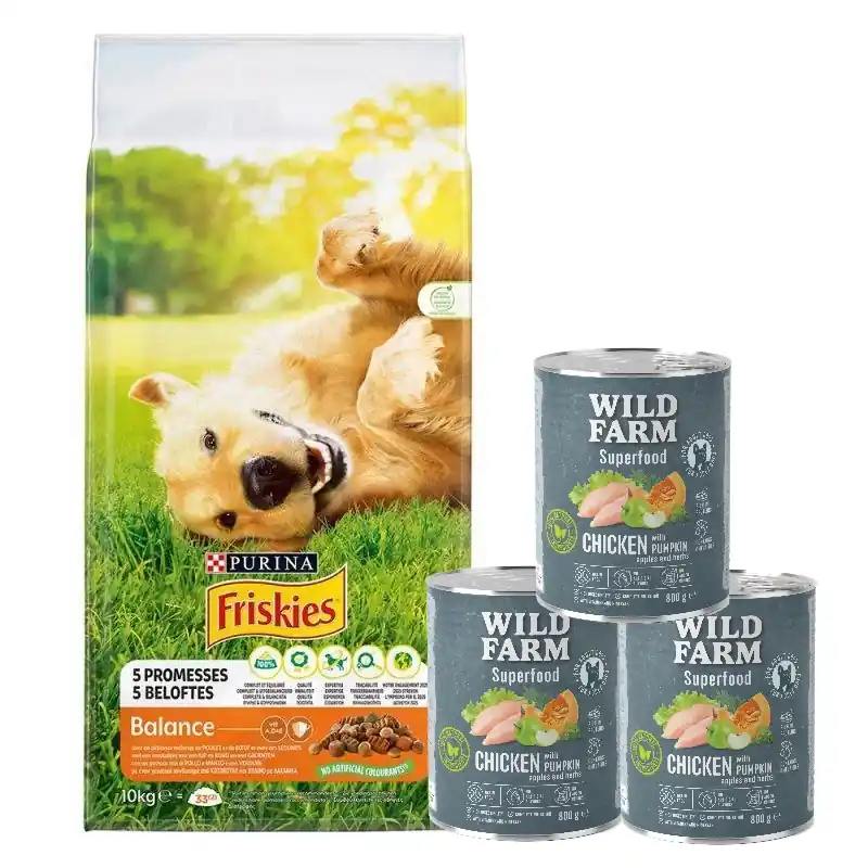 Exkluzív ajánlat PURINA Friskies Balance csirke zöldségekkel 15kg + WILD FARM Superfood csirke 3x800g