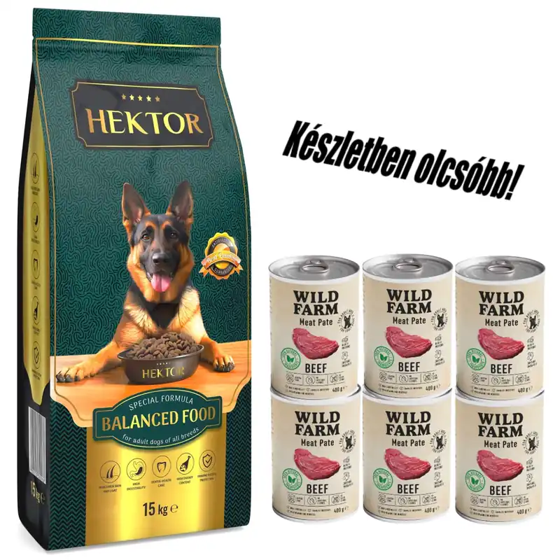 Szuper akció HEKTOR BALANCED Adult 15kg + Wild Farm Pate Marhahús 6x400g gluténmentes kutyatáp