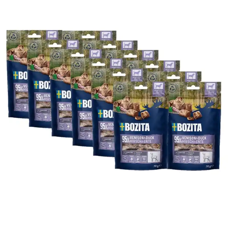 Biztonságos fizetés BOZITA Meaty Bites kacsa és szarvas kutyaeledel 12x70g