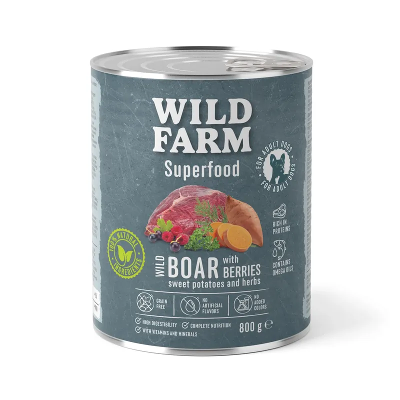 WILD FARM Superfood Vaddisznó (szarvashús édesburgonyával, bogyós gyümölcsökkel és fűszernövényekkel) 800g Gabonamentes Kutyaeledel Gyors szállítás