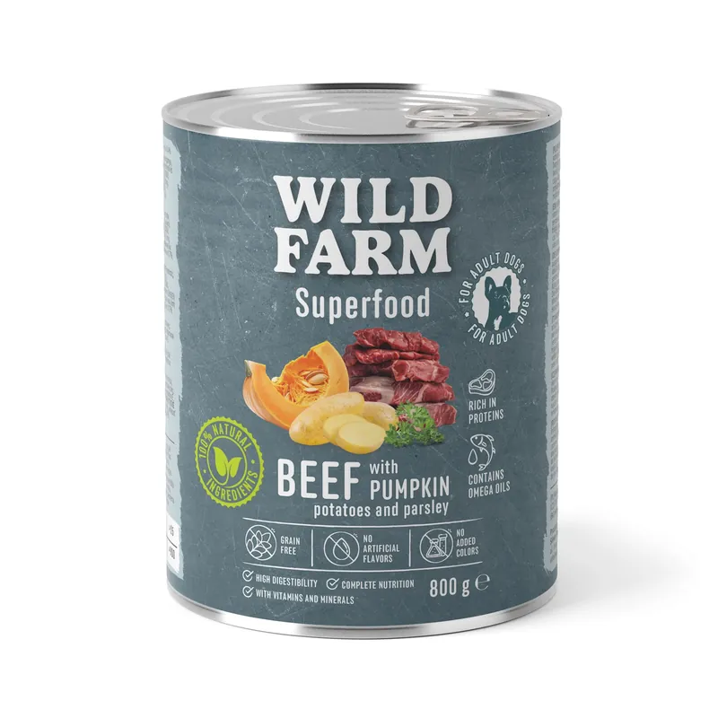 Biztonságos fizetés WILD FARM Superfood Beef (Marhahús tökkel, burgonyával és petrezselyemmel) 800g gabonamentes kutyatáp