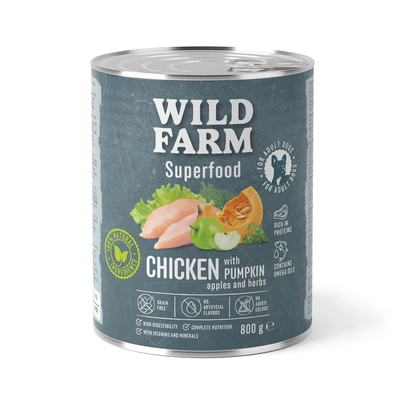 Biztonságos fizetés WILD FARM Superfood Chicken (Csirke tökkel, almával és fűszernövényekkel) 800g Gabonamentes Kutyaeledel