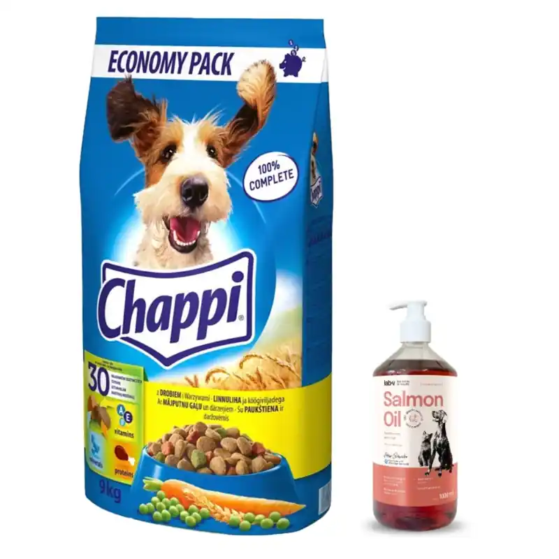 Olcsó CHAPPI 9kg - száraz kutyatáp baromfival és zöldségekkel + Lab-V lazacolaj 100% Minden korosztályú kutyáknak és macskáknak 1000 ml hidegen sajtolva