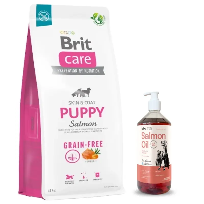 Exkluzív ajánlat BRIT CARE Dog Gabonamentes Kiskutya Lazac 12kg + Lab-V 100% lazacolaj kutyáknak és macskáknak minden korosztály számára 1000ml hidegen sajtolt