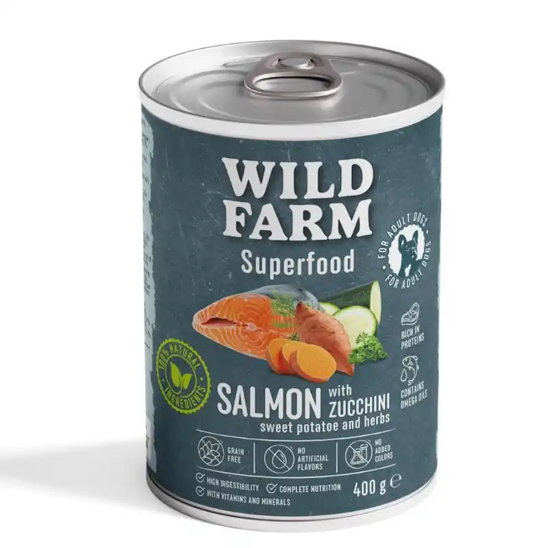 Biztonságos fizetés Wild Farm Superfood Lazac 400g gabonamentes kutyaeledel