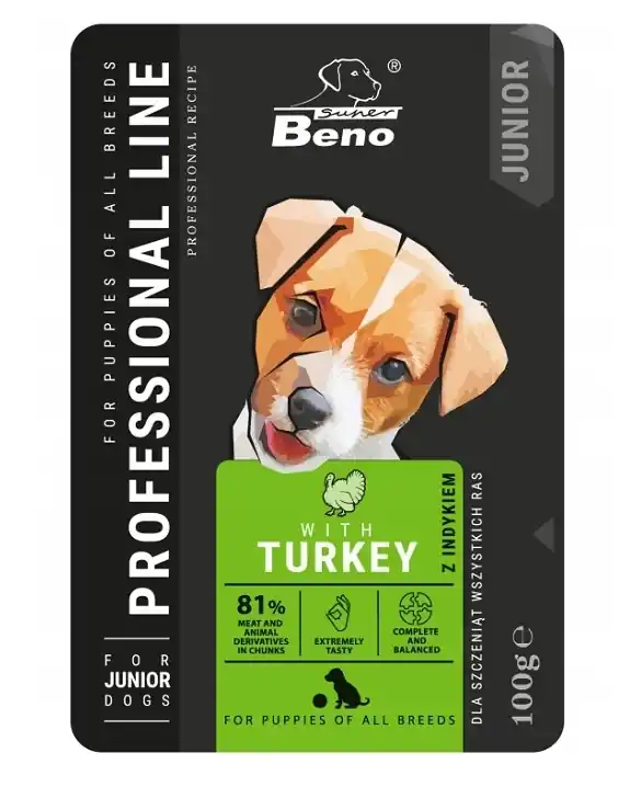 Árcsökkenés SUPER BENO Junior minden fajtájú kölyökkutya tasak pulykával 100g
