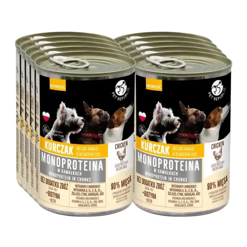 Olcsó PetRepublic csirke monoprotein eledel kutyáknak, darabokban, szószban 24x400g