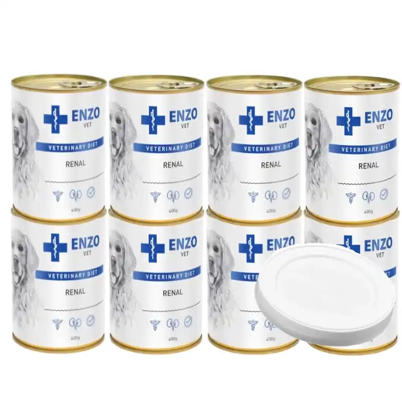 Olcsóbb ENZO VET vesebetegségre való vesetáp marhahússal kutyáknak 8x400g + fedél 400g-os dobozhoz - 7.6cm GRATIS