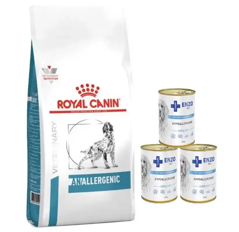 Csak ma ROYAL CANIN Anallergenic 8kg + ENZO VET hipoallergén táp pulykával kutyáknak 3x400g