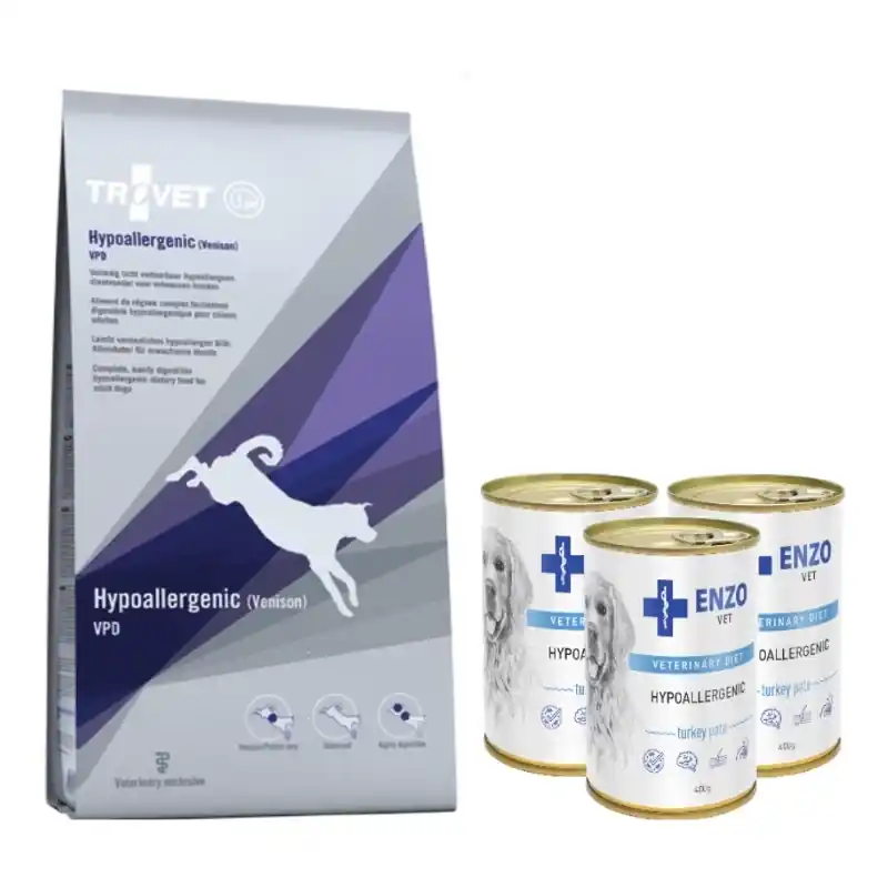 TROVET VPD hipoallergén szarvashús kutyáknak 10kg + ENZO VET hipoallergén diéta pulykával kutyáknak 3x400g Prémium