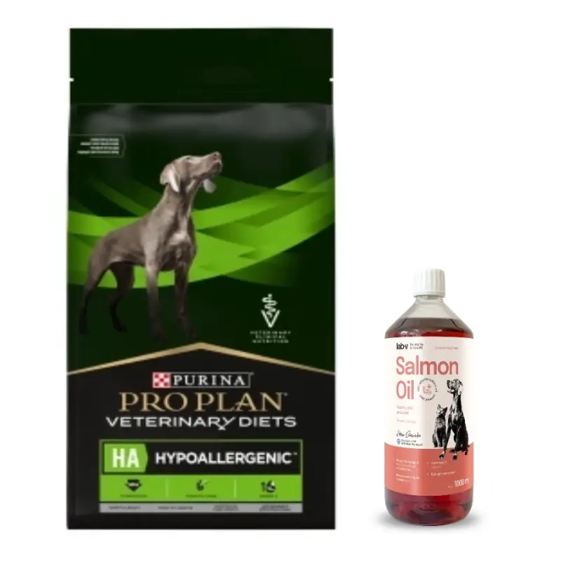 Akció PRO PLAN Veterinary Diets HA hipoallergén száraz kutyatáp 11kg + LAB V lazacolaj kutyáknak és macskáknak 1000ml