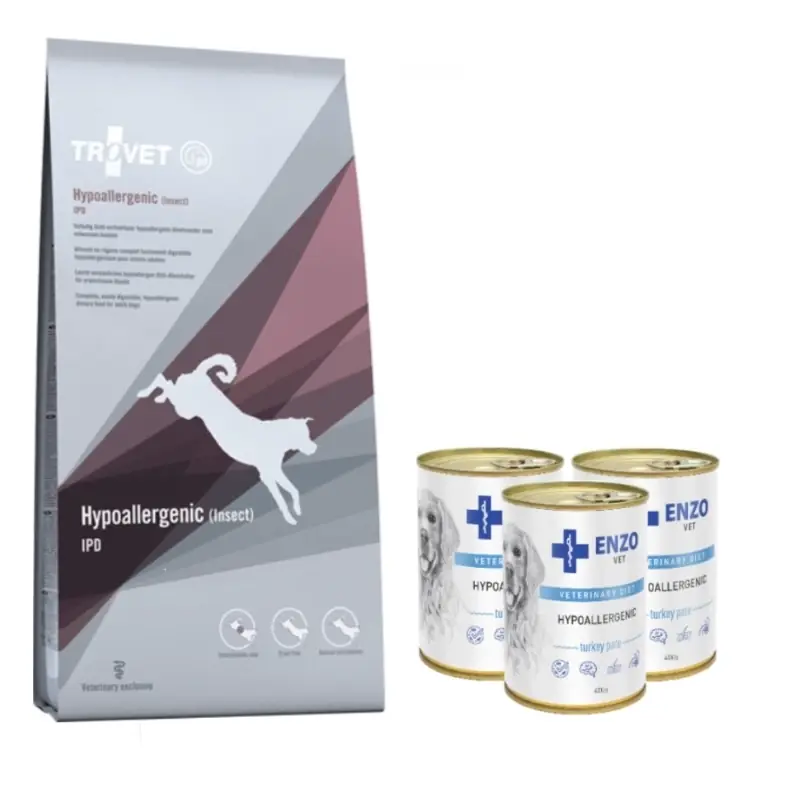 TROVET IPD Hypoallergén rovarirtó kutyáknak 10kg + ENZO VET Hypoallergén diéta pulykával kutyáknak 3x400g Korlátozott ajánlat