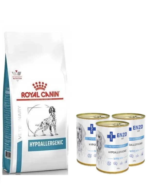 ROYAL CANIN Hypoallergén 7kg + ENZO VET Hypoallergén diéta pulykával kutyáknak 3x400g Különleges ajánlat