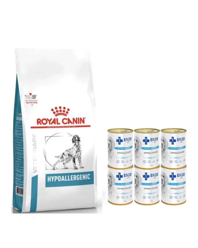 ROYAL CANIN Hypoallergén 14kg + ENZO VET hipoallergén diéta pulykával kutyáknak 6x400g Rendeld meg most