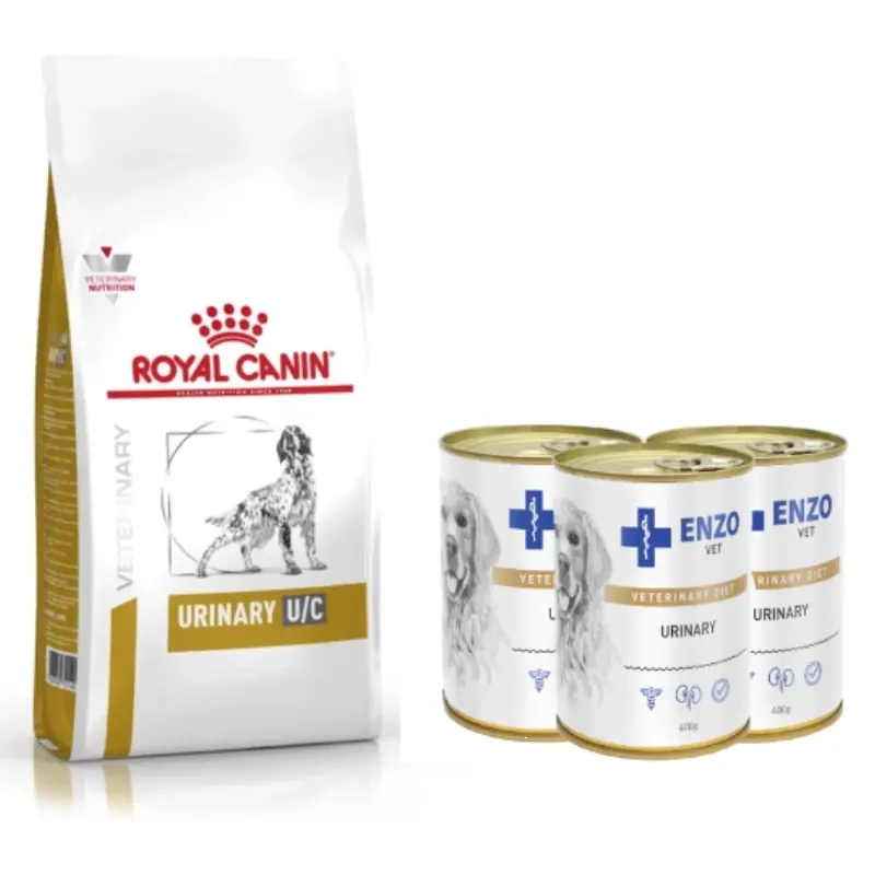 Bestseller ROYAL CANIN Urinary U/C 14kg+ENZO VET Urinary a húgyúti betegségek ellen csirkével kutyáknak 3x400g