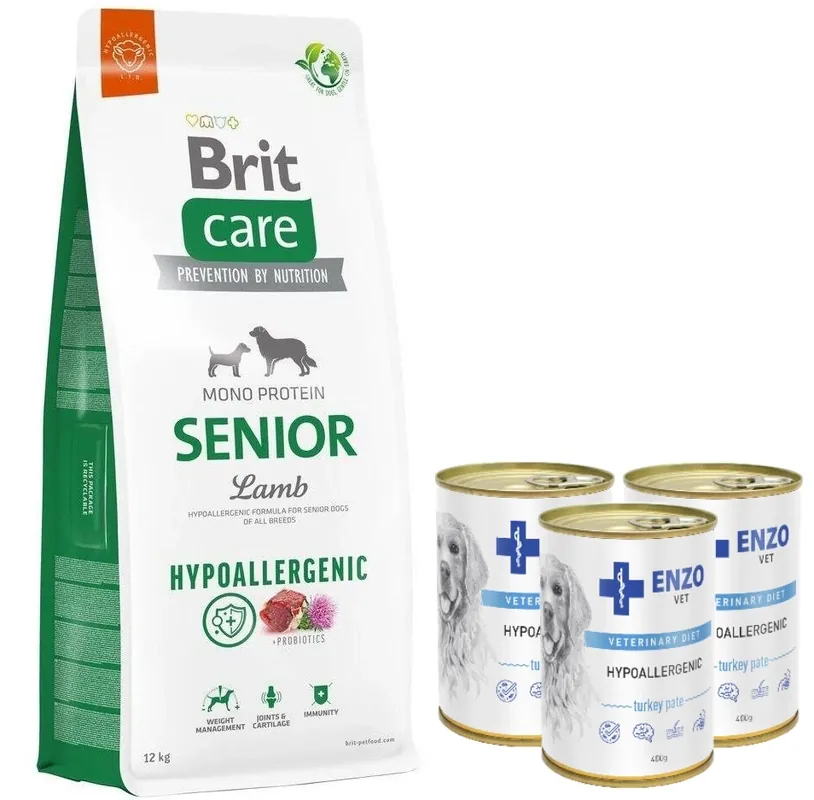 Bestseller BRIT CARE Hypoallergén Senior Bárány 12kg +ENZO VET Hypoallergén diéta pulykával kutyáknak 3x400g