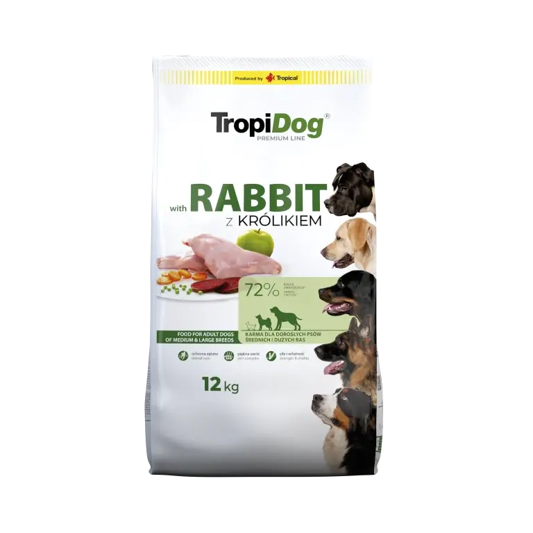 Különleges ajánlat TROPIDOG Premium felnőtt közepes és nagytestű fajták nyúlban és rizsben gazdag 12kg