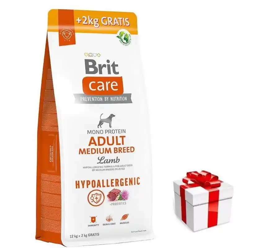 Gyors szállítás BRIT CARE Dog hipoallergén felnőtt, közepes fajtájú bárány 12kg+2kg + NESSURPRISE