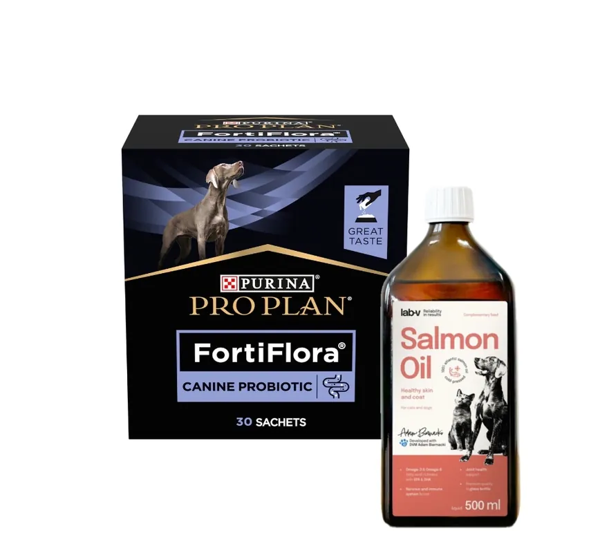 PRO PLAN FortiFlora Probiotikus kiegészítő kutyáknak 30x1g + LAB V Vitaminokkal dúsított lazacolaj 500ml Legnépszerűbb