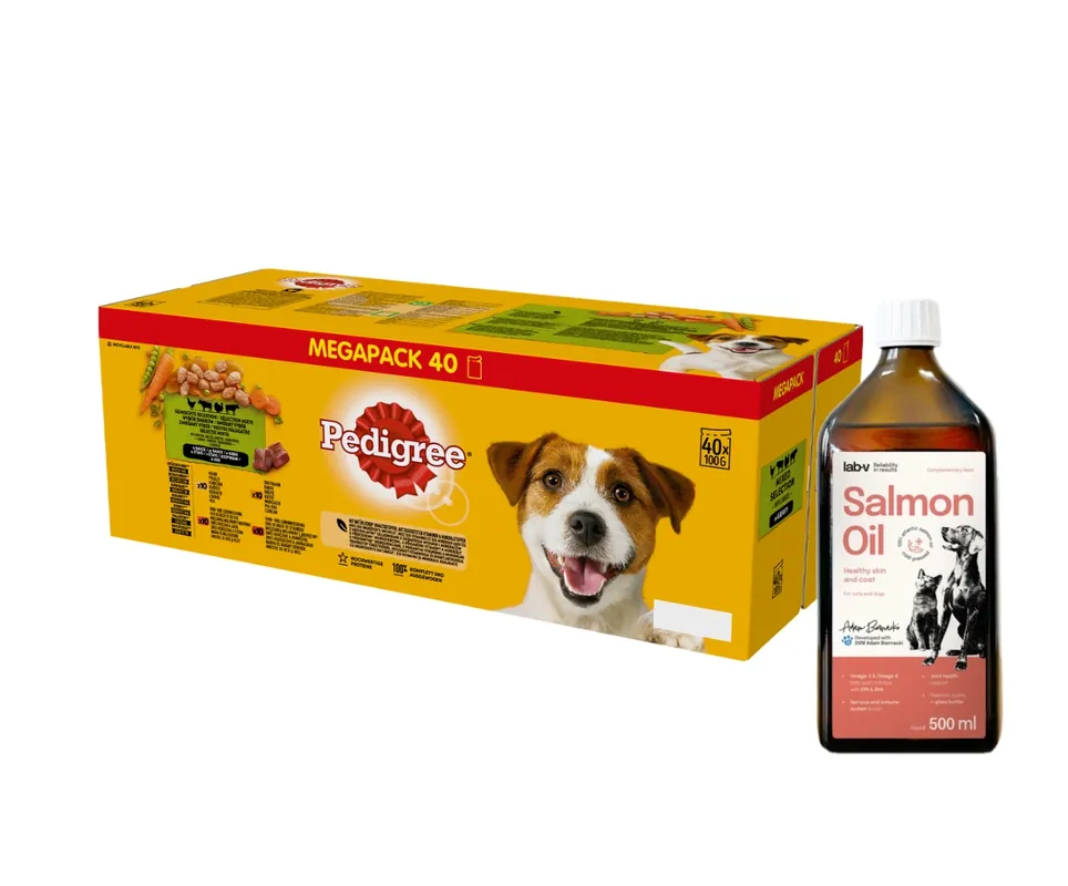 Pedigree felnőtt nedves kutyaeledel vegyes tasak (csirke és zöldség, marhahús és zöldség, pulyka és sárgarépa, marhahús és bárány) 40x100g + LAB V Vitaminokkal dúsított lazacolaj 500ml Kiárusítás