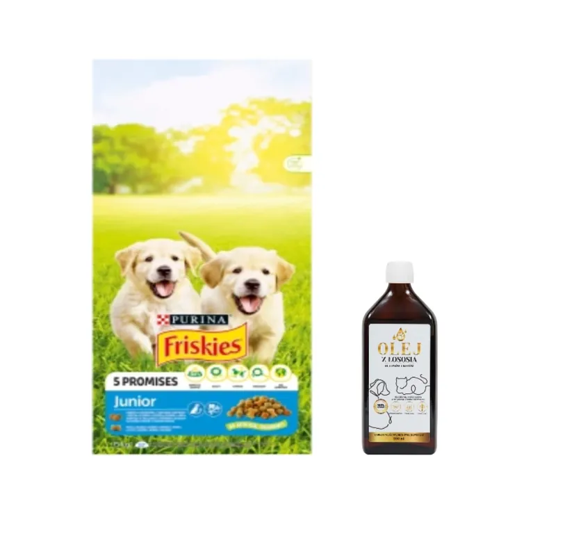 PURINA Friskies Junior csirketejjel és zöldségekkel 15kg + Lab-V lazacolaj 100% minden korosztályú kutyáknak és macskáknak 500ml hidegen sajtolt 500ml Szezonális akció