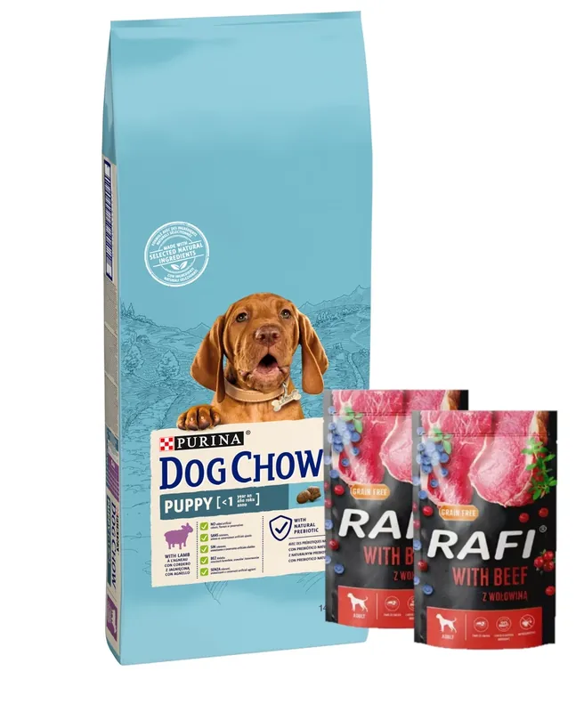 Korlátozott ajánlat Purina Dog Chow Puppy bárányhús 14kg + 2xDolina Noteci Rafi marhahússal 500g
