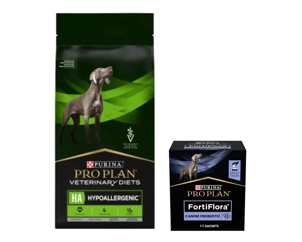 Biztonságos fizetés PURINA Pro Plan Veterinary Diets HA hipoallergén kutyaeledel 11 kg + PRO PLAN FortiFlora probiotikus kiegészítő kutyáknak 30 x 1 g