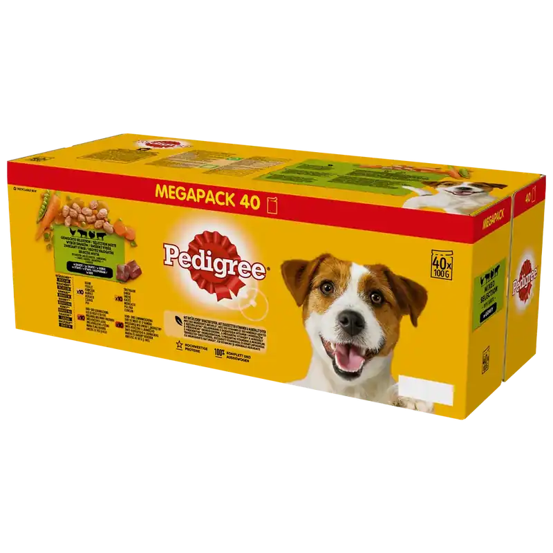 Pedigree felnőtt nedves kutyaeledel vegyes tasak (csirke és zöldség, marhahús és zöldség, pulyka és sárgarépa, marhahús és bárány) 40x100g Népszerű