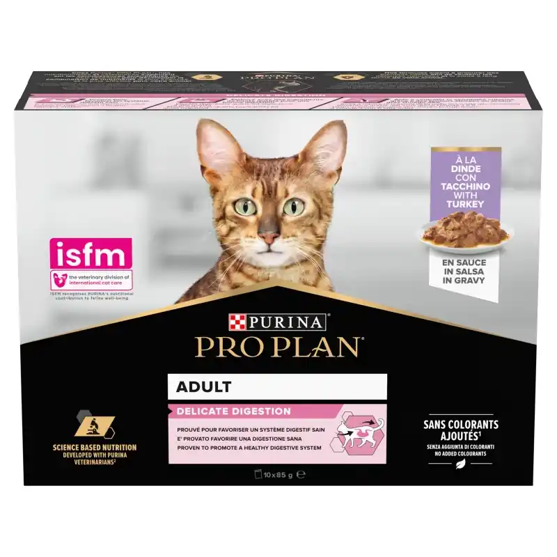 Csak ma PRO PLAN Delicate Digestion nedves macskatáp pulykával, mártásban, 10x85 g