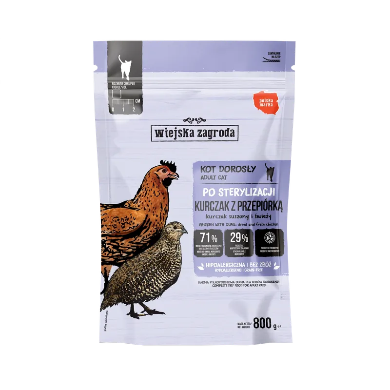 Prémium Wiejska Zagroda Száraz macskaeledel ivartalanított macskáknak Csirke és fürj (felnőtt) 800 g