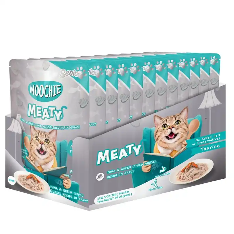 Gyors szállítás MOOCHIE Tonhal és zöld ajkú kagyló mártásban 12x70 g Senior