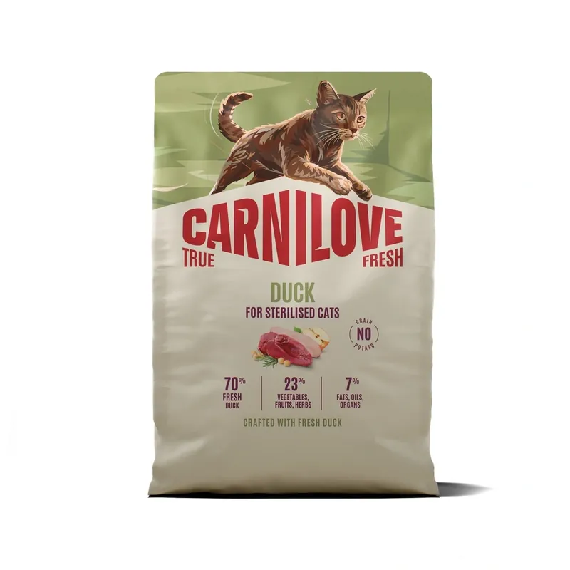 Vásárlói kedvenc Carnilove True Fresh Macskaeledel – Kacsa, ivartalanított felnőtt macskáknak, 6 kg